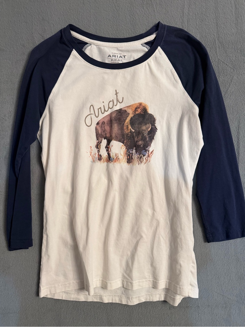 Ariat Baseball Tee Womens Size S White Navy Blue Bison Graphic Raglan Sleeve